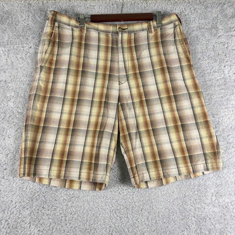 Tommy Bahama Mens Plaid Shorts 38 Tan Brown Silk Linen Blend Flat Front Summer